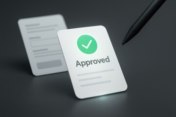Digital tablet with holographic approved document check mark icon representing validation, confirmation and business approval success
