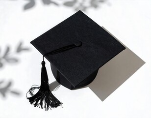 Black graduation cap on white background