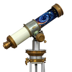 Vintage telescope revealing a cosmic galaxy inside on transparent background