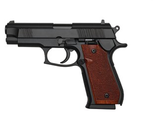 Black handgun with wooden grip, isolated