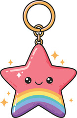 Adorable pink star keychain with rainbow accents and sparkles kawaii charm cute accessory flat design vector illustration white background