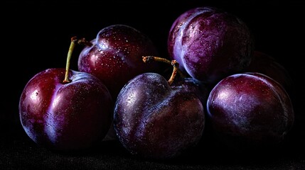  A cluster of plums stacked on top of one another on a dark background with water droplets splashing onto them