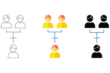 Vector art of genealogy icon set showing family tree with parents and child line, color and silhouette vector illustration of family connections