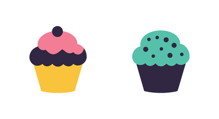 Two colorful cupcakes with dark wrappers and simple decorative designs