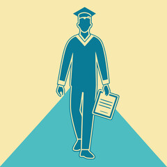 Male graduate silhouette walking with certificate and cap, flat design.