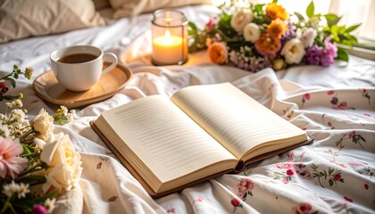 Open Notebook with Coffee and Flowers on Bed for Relaxation