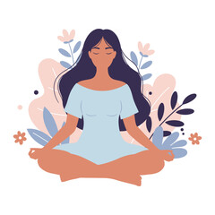 Serene woman meditating in lotus pose surrounded by gentle floral elements peaceful calm flat design vector illustration white background