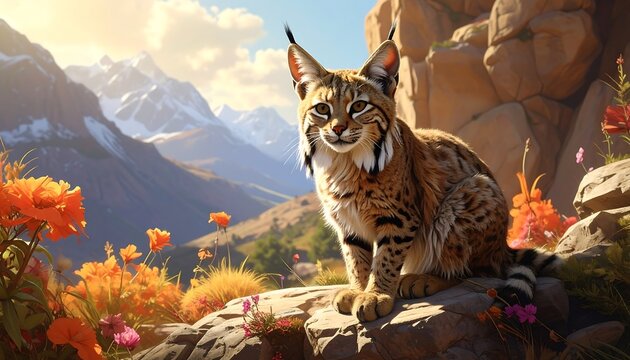 A bobcat sits atop a rock overlooking a vibrant mountain valley filled with wildflowers.