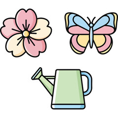 Springtime Garden Icons Flower, Butterfly, and Watering Can Illustrations