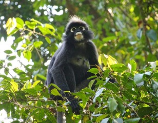 Black monkey in a lush jungle canopy