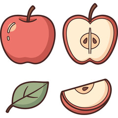 Flat design collection of apple illustrations whole red apple, cross-section, green leaf, and apple slice. Perfect for healthy food, nature, and graphic design projects.