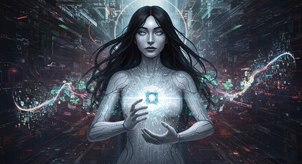 Digital being surrounded by energy and futuristic elements