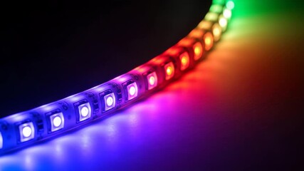 A loopable video of closeup of a flexible led strip light with colorful lights on a dark surface in the studio - Powered by Adobe