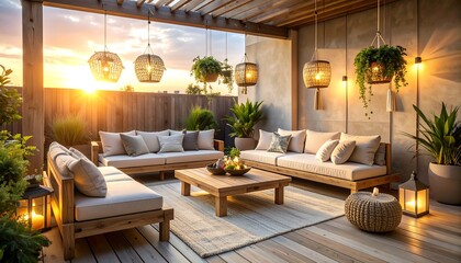 Outdoor Patio with Sofas and Hanging Lights at Sunset