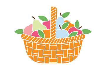 Vector art of basket with fruit vector illustration of wicker container with apple, pear, orange, peach and leaf healthy food and harvest concept