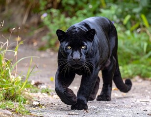 Black panther strolls a path in a forest