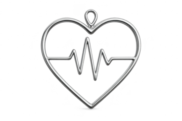 Shiny silver heart pendant with heartbeat symbol, isolated on transparent background