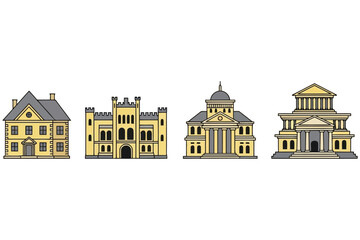 Illustration of various building styles, showcasing diverse architectural designs from residential houses to grand public buildings, with intricate details and unique features