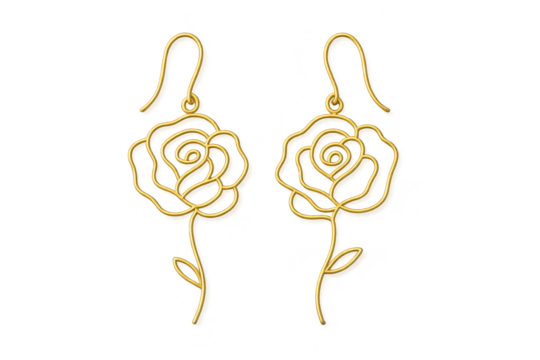 Elegant golden rose outline dangle earrings, isolated on transparent background