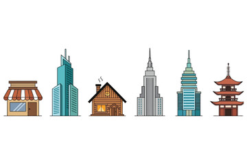 Vector art of pixel art illustration featuring a diverse range of buildings, including a shop, modern skyscraper, cozy cabin, iconic skyscraper, and traditional pagoda