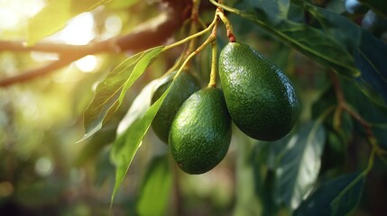   Three green avocados hanging from a tree with leaves and sunlight filtering through the tree's foliage behind them