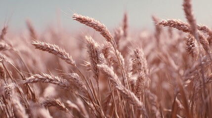 Fototapeta premium A close-up of lush green grass with a clear blue sky in the backdrop and a slightly blurred image of the grass blades in focus