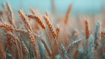 Fototapeta premium Wheat field with blue backdrop and blurred wheat stalks in focus