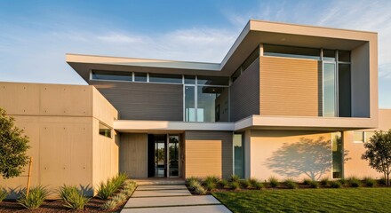 Contemporary Residential Architecture Featuring Clean Lines and Neutral Tones in Bright Daylight