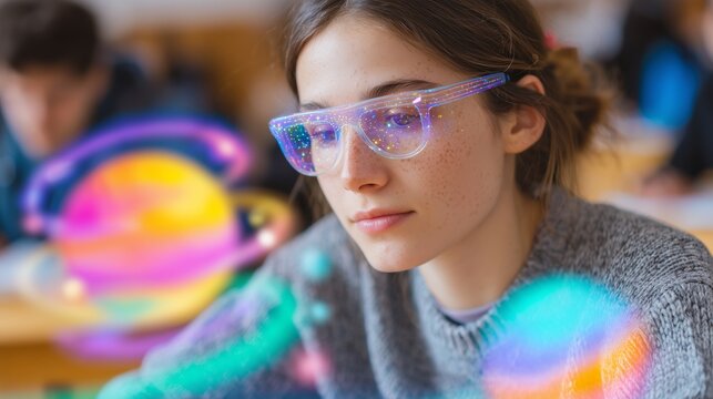 Teen student wearing AR glasses with holographic planets in classroom digital learning scene