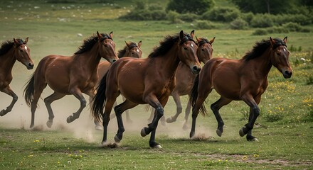 Herd of horses running across a green field in natural environment
