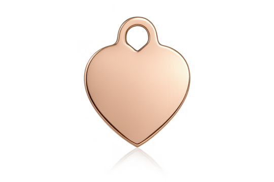 Shiny rose gold heart tag with attachment loop, isolated on transparent background