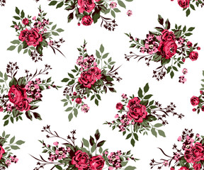 Seamless rose floral pattern. Repeating vector print with a variety of pink flowers, roses and green leaves on a white background. Apparel textile pattern.