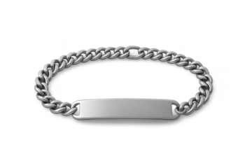 Sleek silver chain bracelet with blank ID plate isolated on transparent background
