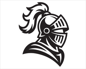 Medieval knight helmet silhouette vector illustration, warrior armor symbol in black and white, crusader soldier logo icon for mascot, battle, security, strength, honor, tradition, and historic cultur