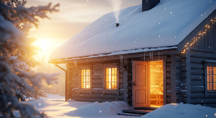 Cozy winter cabin bathed in warm golden light, snow falling gently