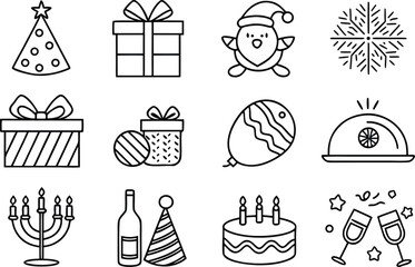 Black silhouette set of Christmas icons including tree, gift, cake, and hat vector illustration for your holiday design