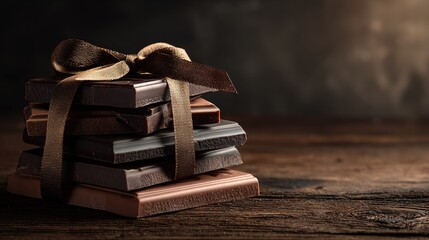Obraz premium A tower of chocolate bars layered on top of one another, adorned with a single brown ribbon on top
