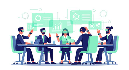 Team collaboration in virtual reality meeting showcasing the future of workspace and innovation in