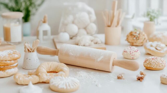 Delightful array of freshly baked goods and baking essentials on pristine white kitchen table, evoking cozy home baking experience