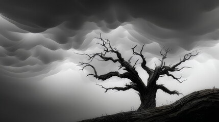 Tree is depicted in a black and white photo with a stormy sky in the background. The tree appears to be dead