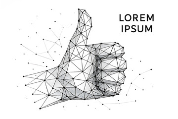 Low poly digital wireframe thumbs up symbol on white abstract background
