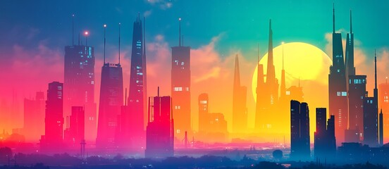Neon cyberpunk cityscape with towering skyscrapers and a large yellow sun futuristic urban image
