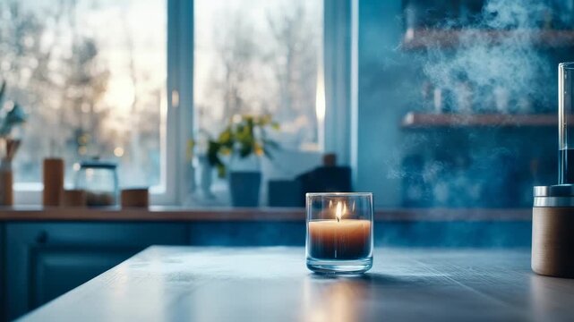 A glowing candle emits warmth and light on polished table, complemented by gentle mist in serene home interior during soft daylight hour
