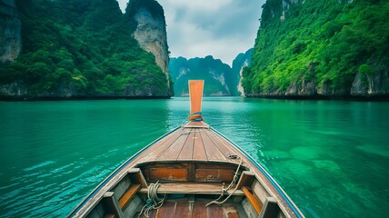 First person view from wooden boat sailing turquoise water between green cliffs longtail boat ocean