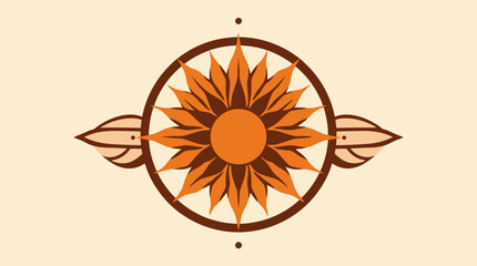 Stylized sunflower design with circular frame and symmetrical wing-like elements on a light background.