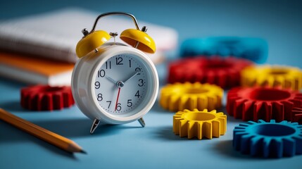 Yellow alarm clock sits on a table next to a stack of papers. The clock reads 10:30