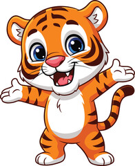 Cartoon baby tiger with blue eyes, orange fur, black stripes, smiling face, standing pose, vector illustration for kids, nature, design