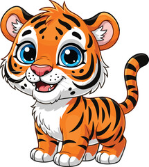 Cartoon baby tiger with blue eyes, orange fur, black stripes, smiling face, white cheeks, vector illustration for kids, nature, design