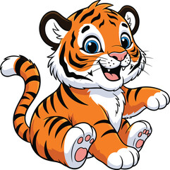 Cartoon baby tiger with orange fur, black stripes, blue eyes, cheerful face, sitting pose, cute animal character for kids design