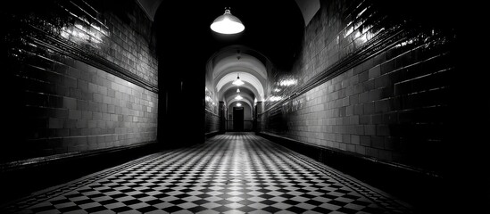 Dim, tiled hallway with checkerboard floor